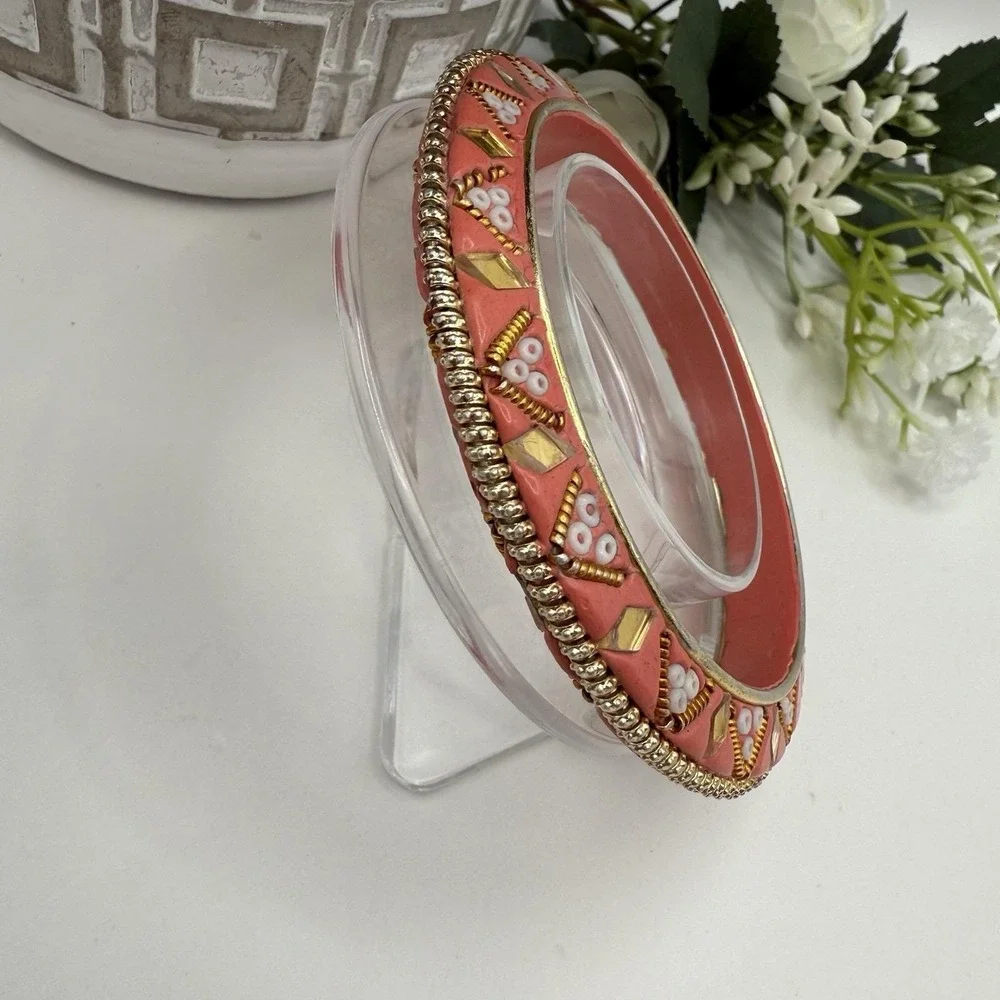 Vintage‎ India Bangle Bracelet Coral Beaded Gold Boho Ethnic Statement Jewelry